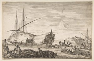 En galär täckt av segel till vänster, sex kanoner och fyra personer till vänster i förgrunden, en ..., 1655. av Stefano della Bella