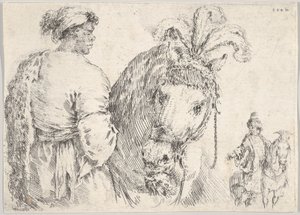 En man till vänster i profilen ger en handfull hö till en häst i mitten, en ryttare till t..., ca. 1662. av Stefano della Bella