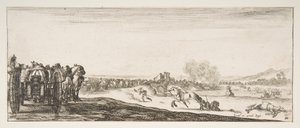 En procession av hästdragna kanonvagnar till vänster, ryttare i strid och en död ho..., ca. 1641. av Stefano della Bella