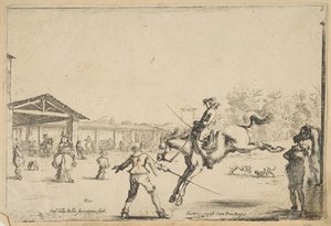 En ridskola, en ryttare med svärdshoppning regisserad av en annan man med svärd i..., ca. 1645. av Stefano della Bella