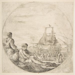 En sittande vit sjöman och en stående svart sjöman, människor som bygger ett skepp i bakgrunden..., ca. 1660. av Stefano della Bella