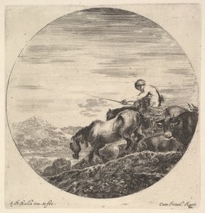 En herde till höger, vänd åt vänster, kör en grupp djur i nedförsbacke, en runda..., ca. 1643-48. av Stefano della Bella