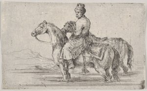 En betjänt som tar två hästar för att bada, sitter ovanpå en häst i en flod, den andra bredvid..., ca. 1662. av Stefano della Bella