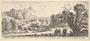 Ett vattenfall som går ner från bergen i mitten av bakgrunden, olika djur och..., ca. 1641. av Stefano della Bella