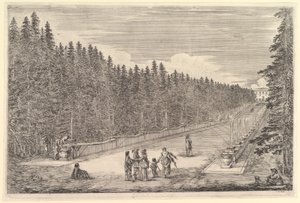 En gränd av fontäner, en grupp människor i mitten, en man och hund som sitter till höger, två..., ca. 1653. av Stefano della Bella