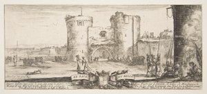 En ingång till en fästning i centrum, en kvinna med barn vid en eld till höger, sol..., ca. 1641. av Stefano della Bella