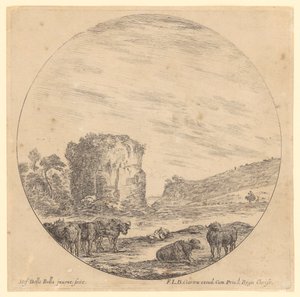 Antik tempelruin med vilande bufflar och en ryttare i bakgrunden av Stefano della Bella