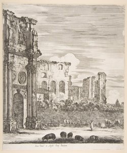 Konstantinbågen och Colosseum med betande får i förgrunden, ur "Sex stora vyer, fyra över Rom och två över den romerska Campagnan" (Sex stora vyer, varav fyra över Rom och två över den romerska Campagnan) av Stefano della Bella
