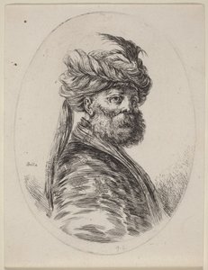 Skäggig mor med en fjäderprydd turban och slöja, vänd åt höger av Stefano della Bella