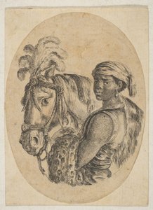 Svart slav bär ett leopardskinn och håller i tränsen på en häst, från Flera huvuden..., 1649-50. av Stefano della Bella