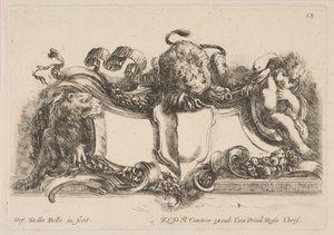 Kartusch innehållande en tom sköld befäst av ett lejon och inramad av ett lejon och ett barn, 1646. av Stefano della Bella