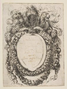 Kartusch krönt av hjälm och leoparder, 1647. av Stefano della Bella
