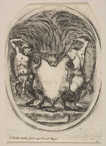 Kartusch formad av ett tigerskinn flankerat av två kentaurer, 1647. av Stefano della Bella