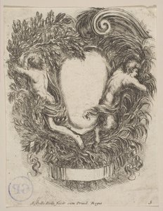 Kartusch inramad av Apollo och Pan, 1647. av Stefano della Bella