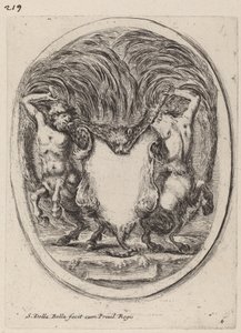 Kartusch i form av en flågad tiger med stöd av kentaurer, 1647. av Stefano della Bella
