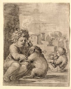 Barn som lär en hund att sitta på bakbenen av Stefano della Bella