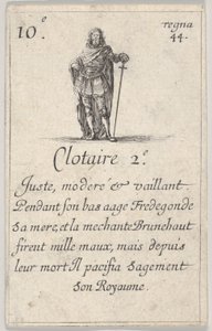 Clotaire 2.-e Fair, moderat..., från Game of the Kings of France Jeu des Rois de Fran..., 1644. av Stefano della Bella