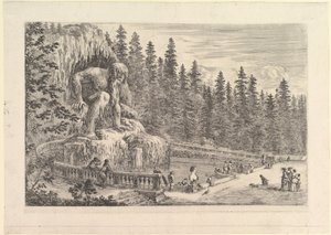 Kolossal staty av Appenino av Giambologna till vänster, representerad som en gigantisk crouchi..., ca. 1653. av Stefano della Bella