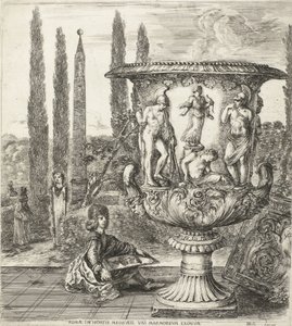 De unge Cosimo III de Medici tekent de Medici-vaas Rom, i trädgårdarna i Medici, en exceptionell marmor (titel på objekt) Gezichten op Rome och omgeving (serietitel) Sex grandes vues, dont quatre de Rome et deux de la Campagne romaine (serietitel) av Stefano della Bella