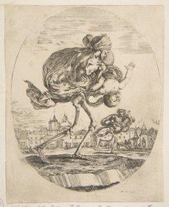 Död som bär ett spädbarn, från The five deaths Les cinq Morts, ca. 1648. av Stefano della Bella