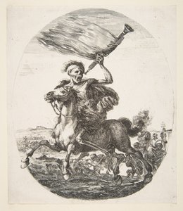 Döden på hästryggen med en trumpet, från The five deaths Les cinq Morts, ca. 1648. av Stefano della Bella