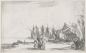 Tre män pratar på kajen Maritime föreställningar (serietitel) Suite de huit marines (serietitel) av Stefano della Bella