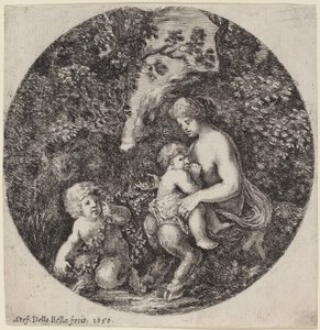 Kvinnlig Satyr som ammar ett barn i ett skogslandskap av Stefano della Bella