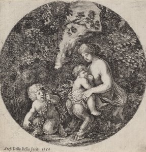 Kvinnlig Satyr som ammar ett barn i ett skogslandskap, 1656.