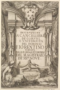 Frontispice för instruktioner för kansler Instruzione a Cancellieri: Medici coat ..., 1635. av Stefano della Bella