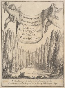 Frontispice för Cypressskogen La selva di cipressi: två putti håller en gobeläng i..., 1640. av Stefano della Bella