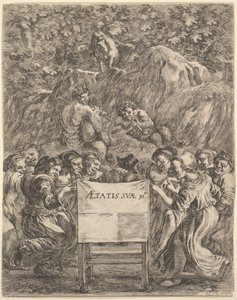 Frontispice för The Works of Scarron uvres de Scarron, poeten sittande i en stol..., 1649. av Stefano della Bella