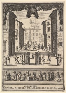 Frontispice för komedin The Buffoons Li Buffoni, en scenuppsättning som liknar en pu..., 1639-41. av Stefano della Bella