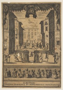Frontispice för komedin The Buffoons Li Buffoni, en scenuppsättning som liknar en p..., ca. 1639.