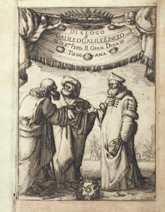 Galileo (vänster) samtalar med Ptolemaios (mitten) och Copernicus, illustrerad frontispice från Dialogo sopra i due Massimi Sistemi del Mondo, Tolemaico e Copernicano (Dialog angående två främsta världssystem, ptolemaisk och kopernikansk)