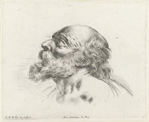 Huvudet på en skallig gubbe med skägg, i profil till vänster (möjligen St. Peter) Grunderna i ritning (serietitel) I principii del disegno (serietitel)