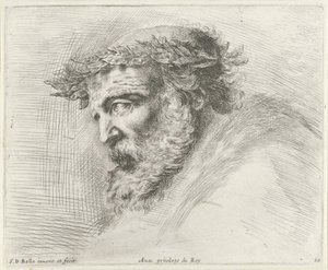 Huvud på en gammal man med skägg och lagerkrans, i profil till vänster Grunderna i ritning (serietitel) I principii del disegno (serietitel) av Stefano della Bella