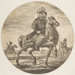 Ungersk ryttare rider åt höger, andra ryttare i bakgrunden, en cirku..., ca. 1651. av Stefano della Bella