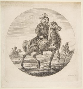 Ungersk ryttare rider åt höger, andra ryttare i bakgrunden, en cirku..., ca. 1651. av Stefano della Bella
