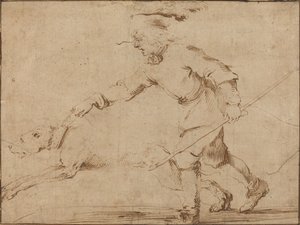 Jägare med en hund i koppel. av Stefano della Bella