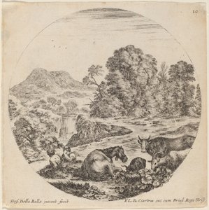 Landskap med djur och två sittande herdar, 1646. av Stefano della Bella