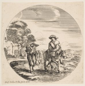 Landskap med två bönder, en som rider på en häst, från landskap och hamnar Paysages ..., 1656. av Stefano della Bella