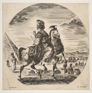 Morisk ryttare i profil vänd höger, i bakgrunden en pyramid till vänster, många fi..., ca. 1651. av Stefano della Bella
