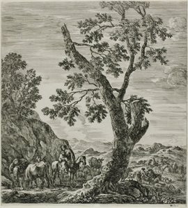 Beriden bonde med ett barn i famnen, tallrik sex från The Six Large Views of Rome and the Campagna av Stefano della Bella