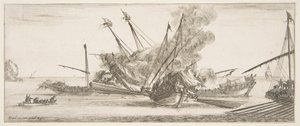 Sjöstrid, ett fartyg i mitten, sett bakifrån, skjuter mot fyra fientliga fartyg, ett annat ..., ca. 1641. av Stefano della Bella