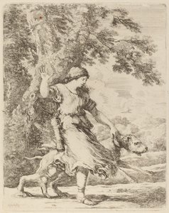 Nymf som håller en stor hund i ett halsband av Stefano della Bella