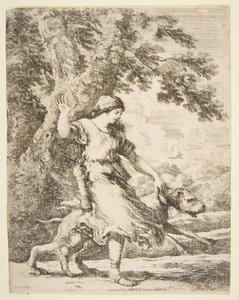 Nymf som håller en stor hund vid halsbandet, ca. 1654. av Stefano della Bella