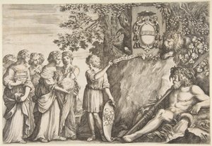 Ornamentdesign för en avhandling, Strozzis vapen upptill, ca. 1660. av Stefano della Bella