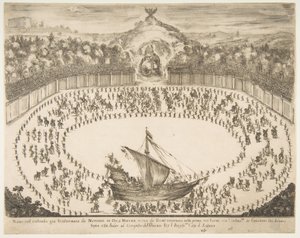 Paradflotta i form av ett skepp, storhertigen av Modenas vapen överst, 1652. av Stefano della Bella