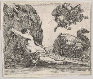 Perseus och Andromeda, från Game of Mythology Jeu de la Mythologie, 1644. av Stefano della Bella