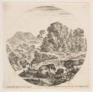 Plåt 10: en häst liggandes i mitten, en ko och två getter till höger, två sittande får..., ca. 1646. av Stefano della Bella